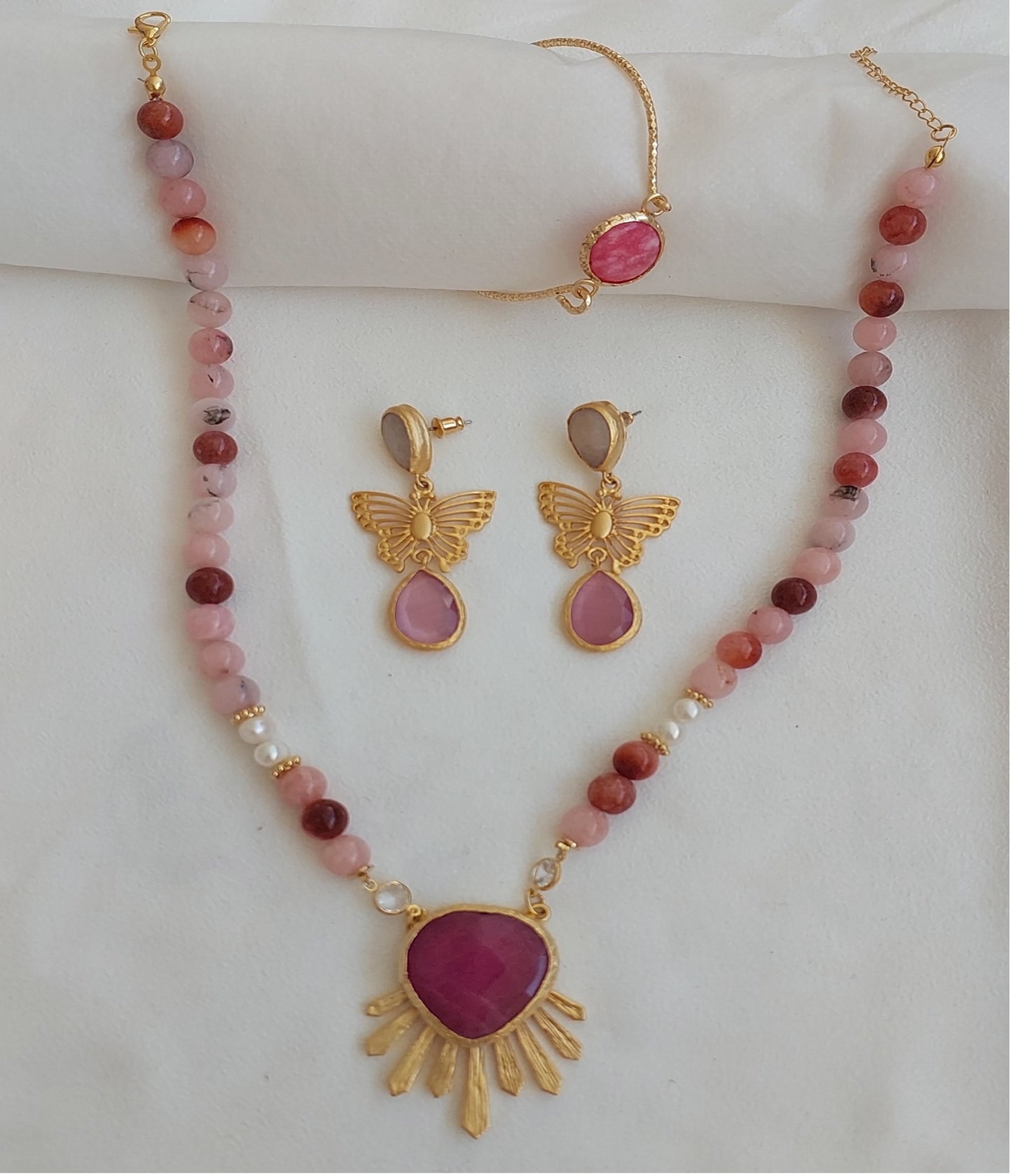 Jewelry Set Necklace Earrings Bracelet 3 pieces Handmade Gemstones Rose Quartz Rhodochrosite Love Gift