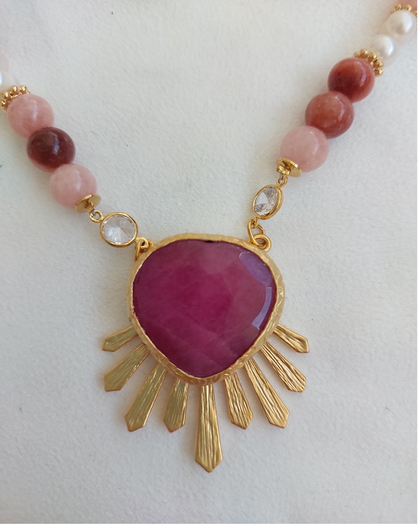 Jewelry Set Necklace Earrings Bracelet 3 pieces Handmade Gemstones Rose Quartz Rhodochrosite Love Gift
