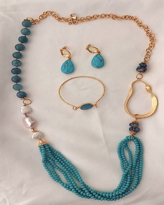 Jewelry Set Necklace Earrings Bracelet 3 pieces Handmade Gemstones Apatite Turquoise Amazonite Pearl Great for Gifts