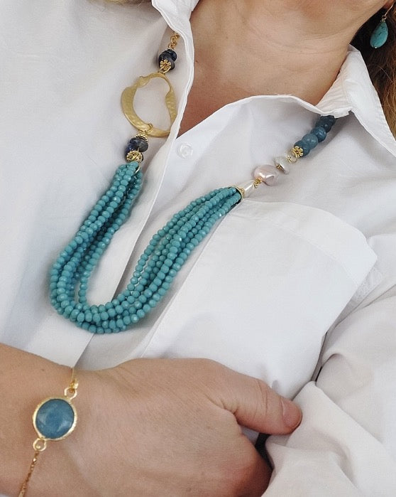 Jewelry Set Necklace Earrings Bracelet 3 pieces Handmade Gemstones Apatite Turquoise Amazonite Pearl Great for Gifts
