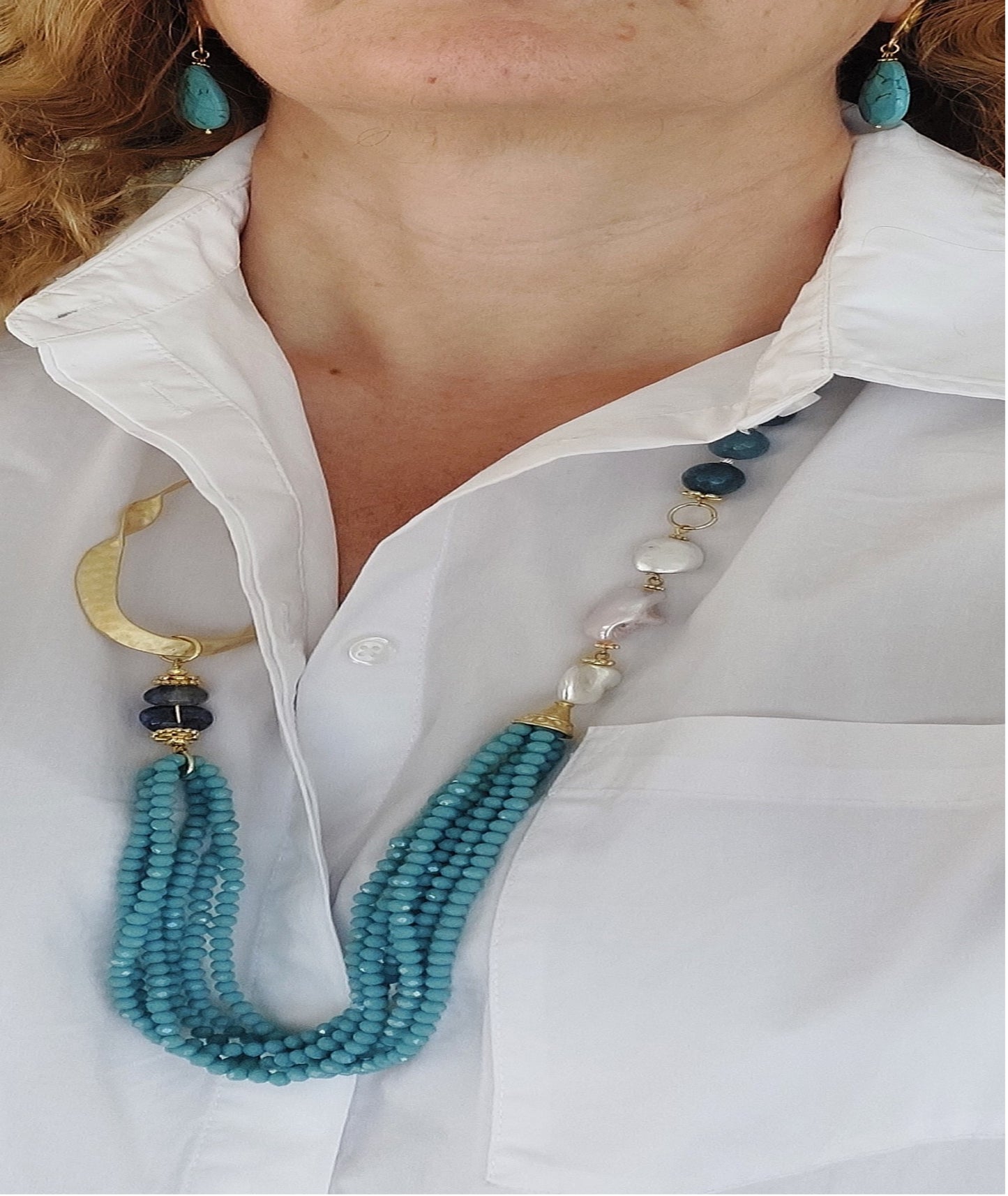Jewelry Set Necklace Earrings Bracelet 3 pieces Handmade Gemstones Apatite Turquoise Amazonite Pearl Great for Gifts