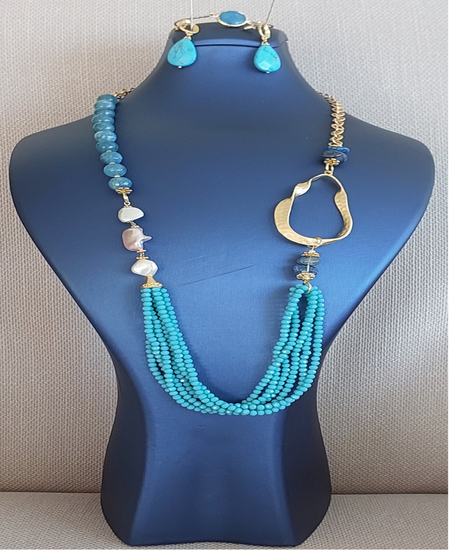 Jewelry Set Necklace Earrings Bracelet 3 pieces Handmade Gemstones Apatite Turquoise Amazonite Pearl Great for Gifts