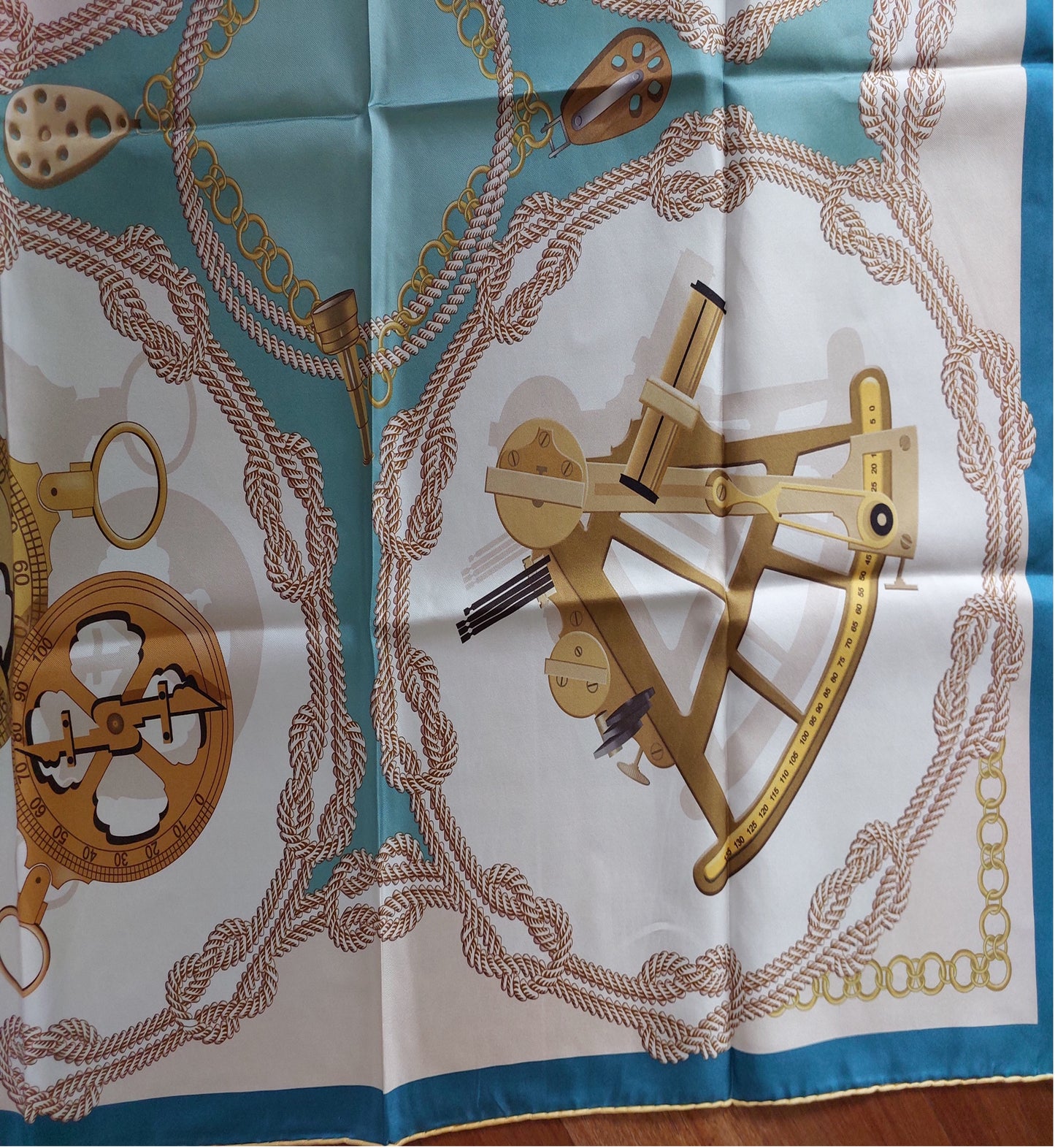 Woman Scarf 100% Silk 90 x 90 "The Tools" design Green Colors Hand rolled Stitch Great Gift for Her
