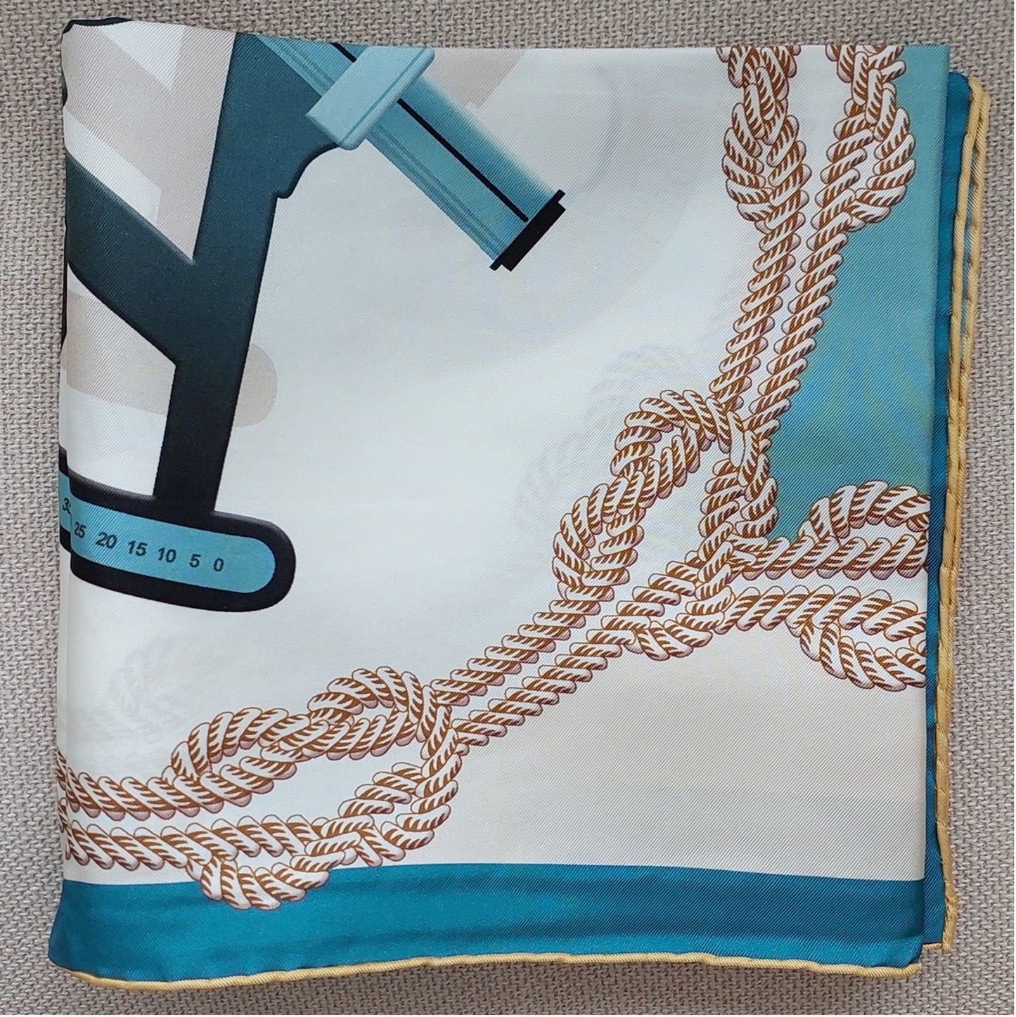 Woman Scarf 100% Silk 90 x 90 "The Tools" design Green Colors Hand rolled Stitch Great Gift for Her