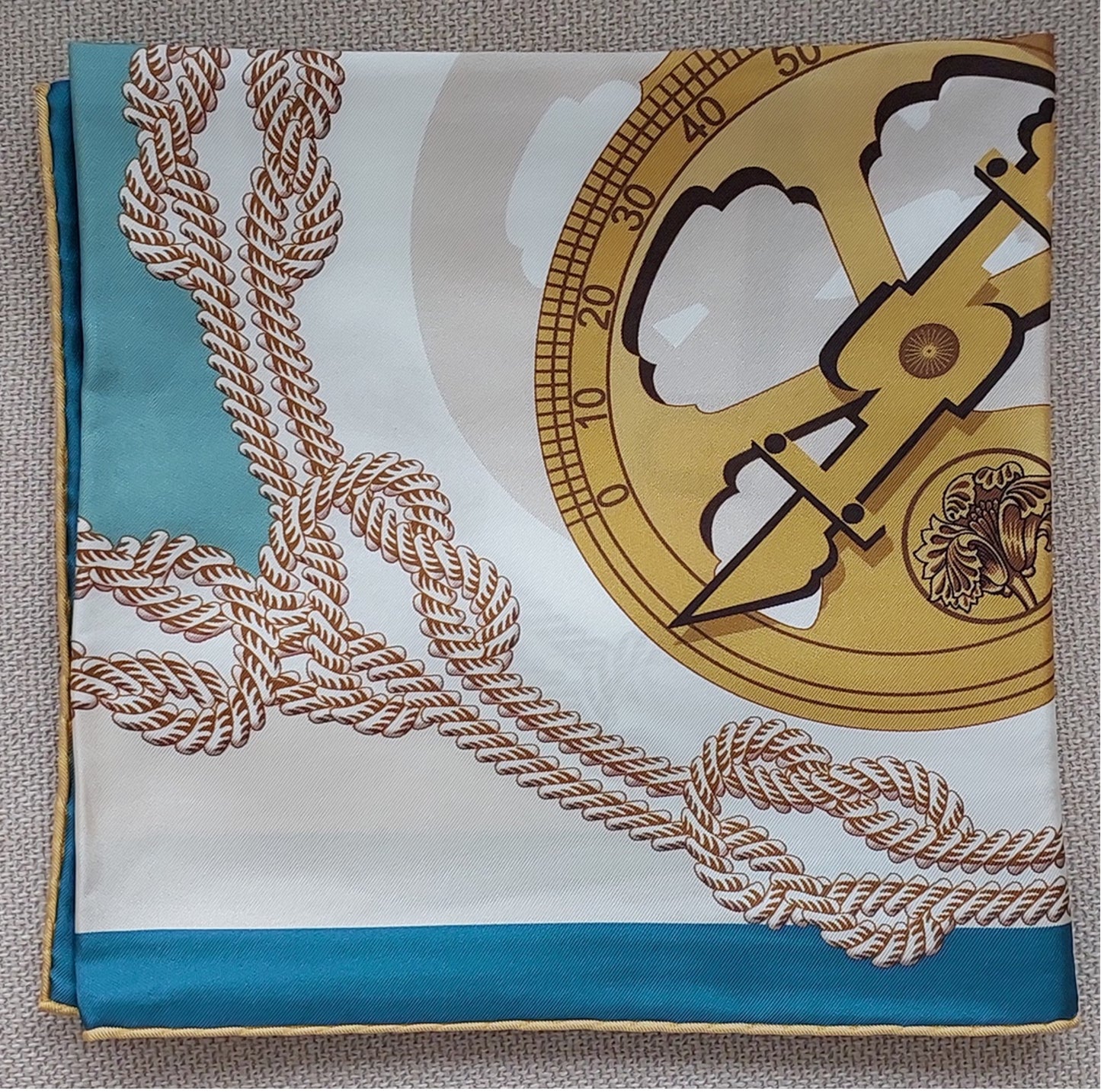 Woman Scarf 100% Silk 90 x 90 "The Tools" design Green Colors Hand rolled Stitch Great Gift for Her