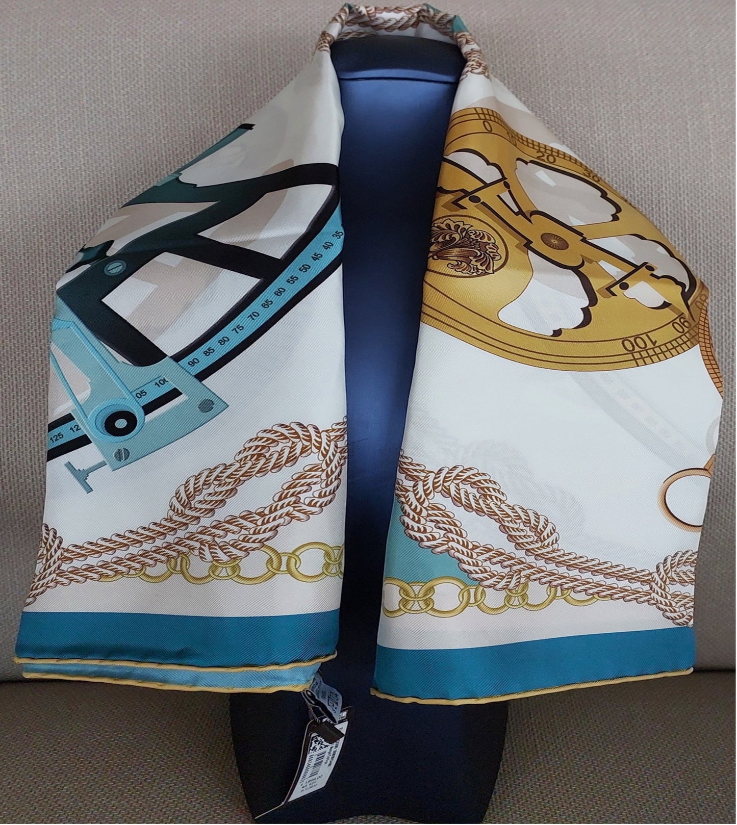 Woman Scarf 100% Silk 90 x 90 "The Tools" design Green Colors Hand rolled Stitch Great Gift for Her