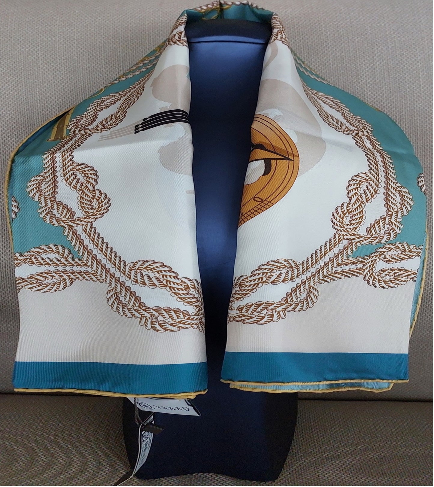 Woman Scarf 100% Silk 90 x 90 "The Tools" design Green Colors Hand rolled Stitch Great Gift for Her