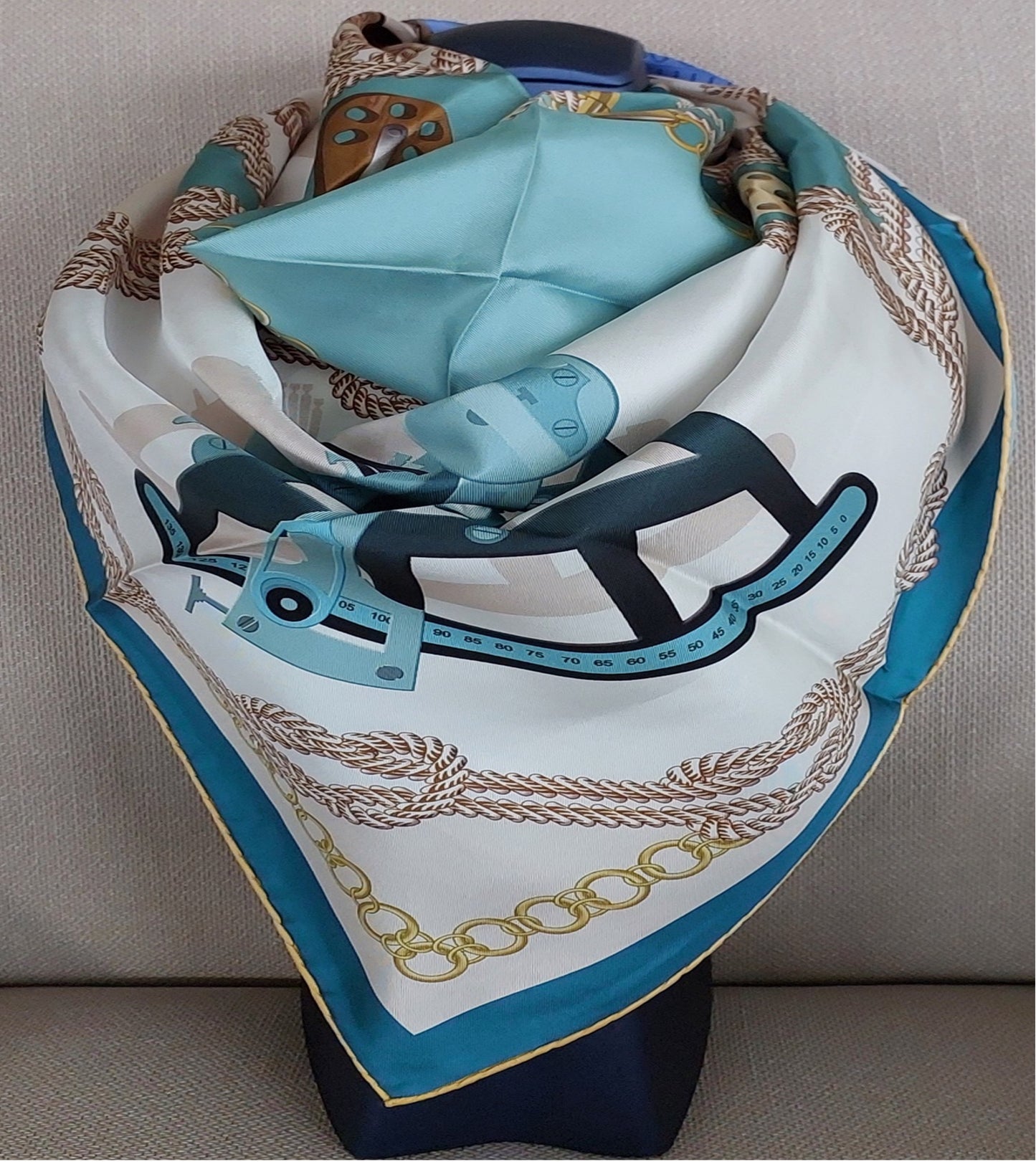 Woman Scarf 100% Silk 90 x 90 "The Tools" design Green Colors Hand rolled Stitch Great Gift for Her