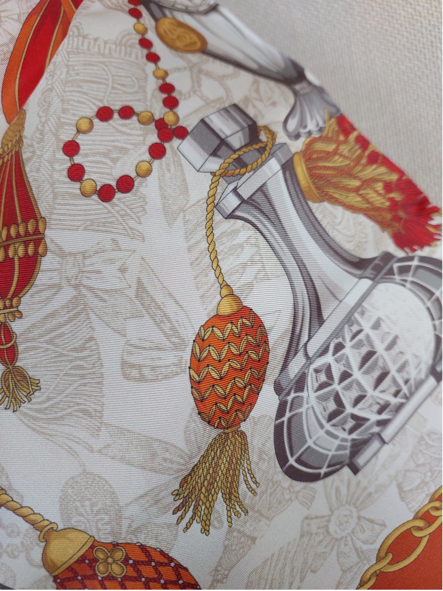 Woman Scarf 100% Silk 90 x 90 “The Perfume Bottles” Design Red Yellow Bronze Colors Hand rolled Stitch Great Valentine's Gift for Her