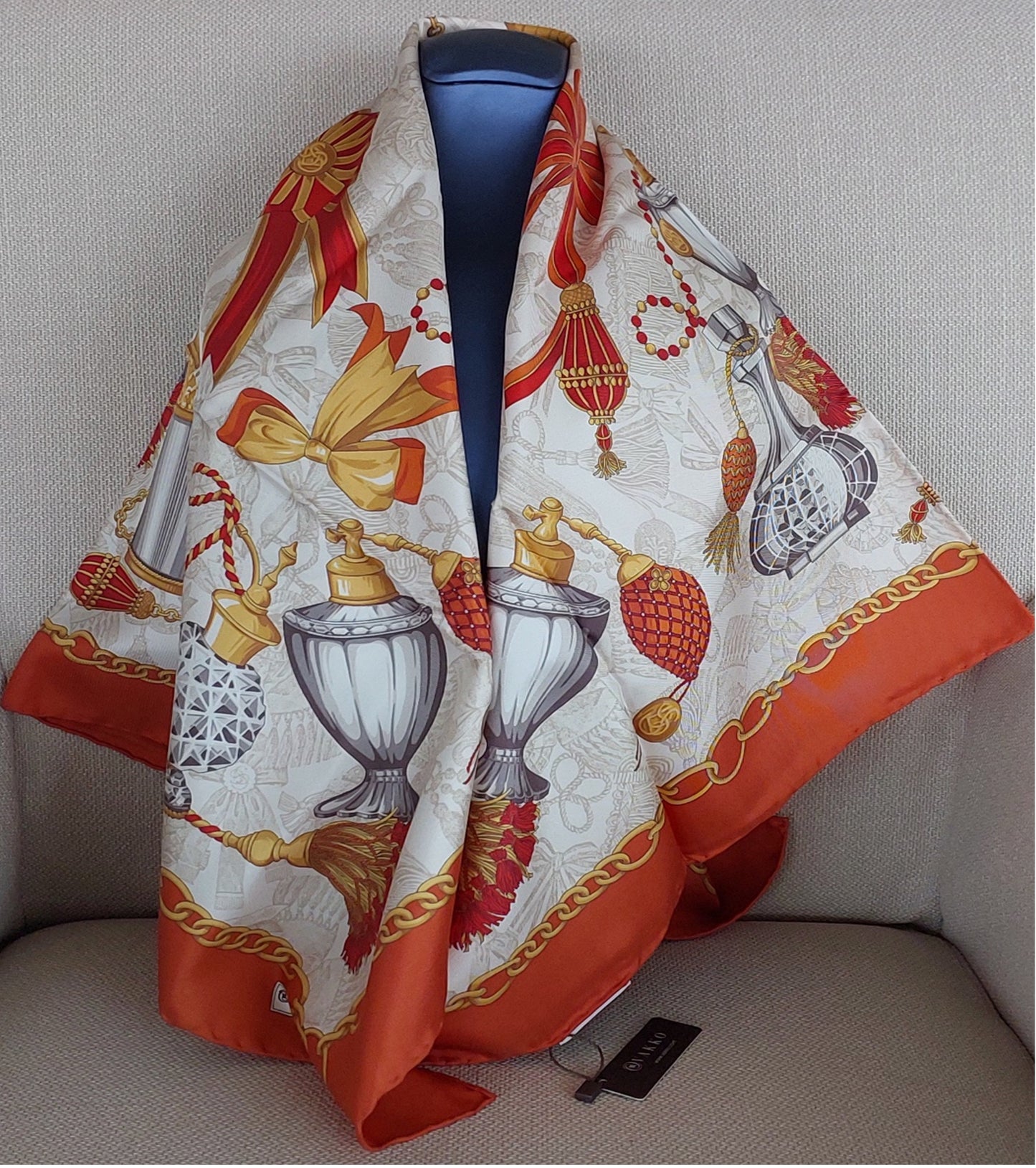 Woman Scarf 100% Silk 90 x 90 “The Perfume Bottles” Design Red Yellow Bronze Colors Hand rolled Stitch Great Valentine's Gift for Her