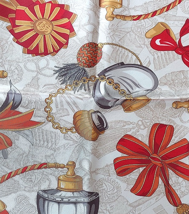 Woman Scarf 100% Silk 90 x 90 “The Perfume Bottles” Design Red Yellow Bronze Colors Hand rolled Stitch Great Valentine's Gift for Her
