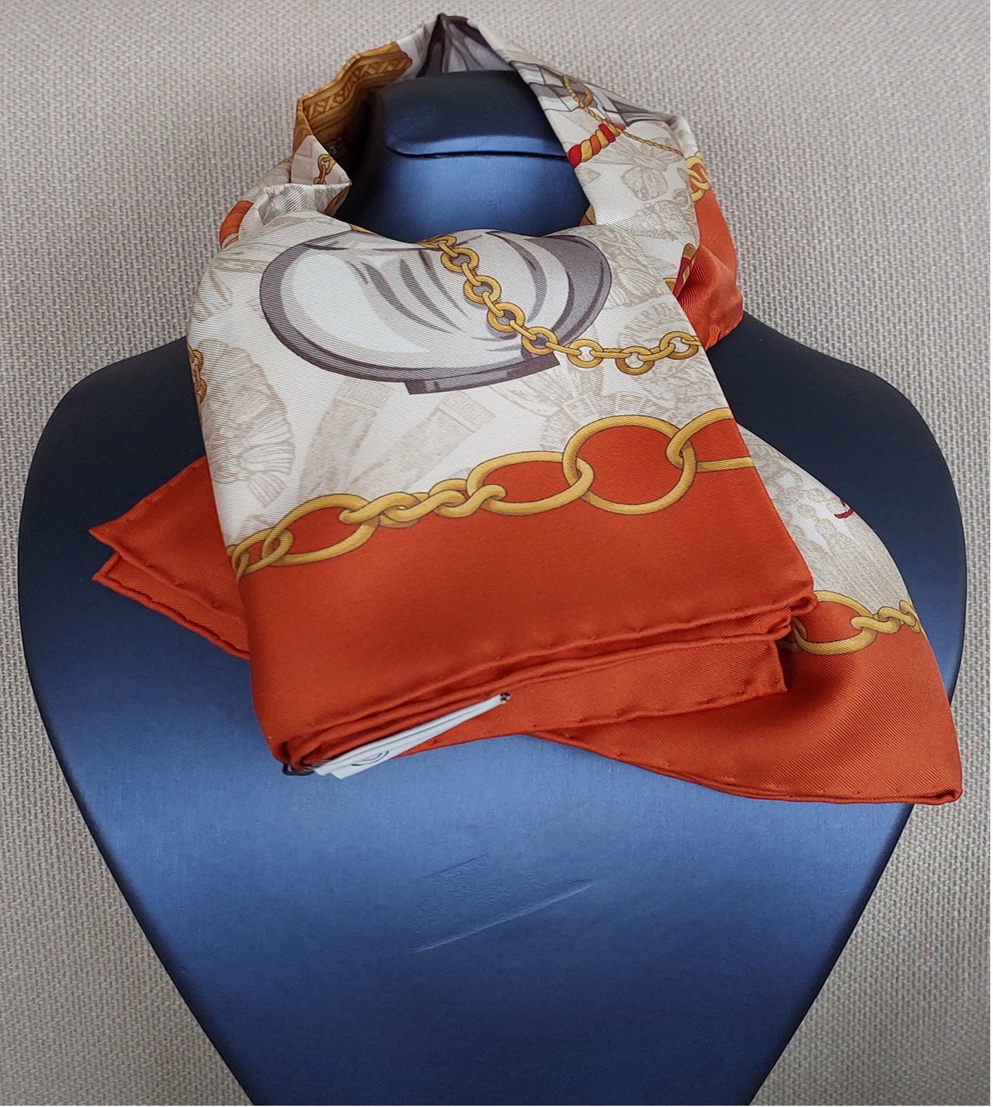 Woman Scarf 100% Silk 90 x 90 “The Perfume Bottles” Design Red Yellow Bronze Colors Hand rolled Stitch Great Valentine's Gift for Her