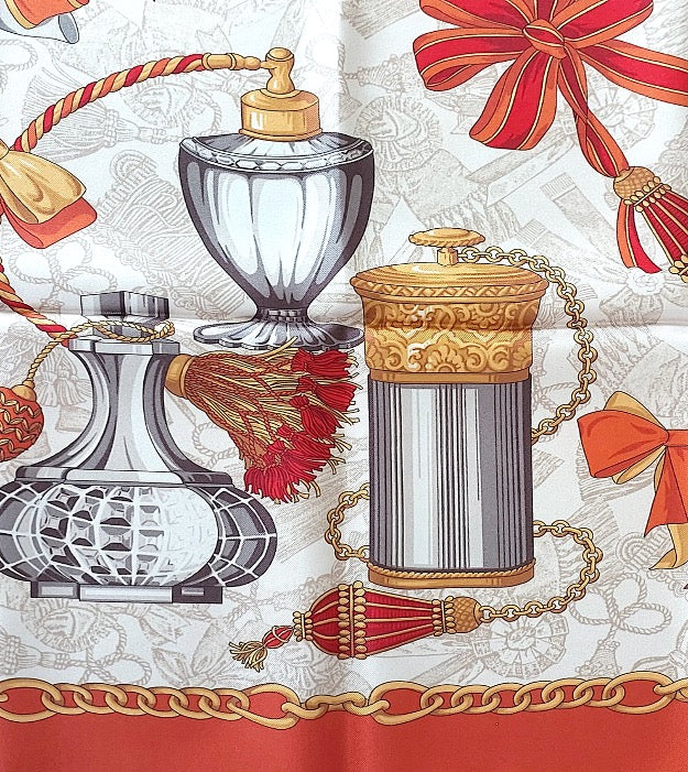 Woman Scarf 100% Silk 90 x 90 “The Perfume Bottles” Design Red Yellow Bronze Colors Hand rolled Stitch Great Valentine's Gift for Her