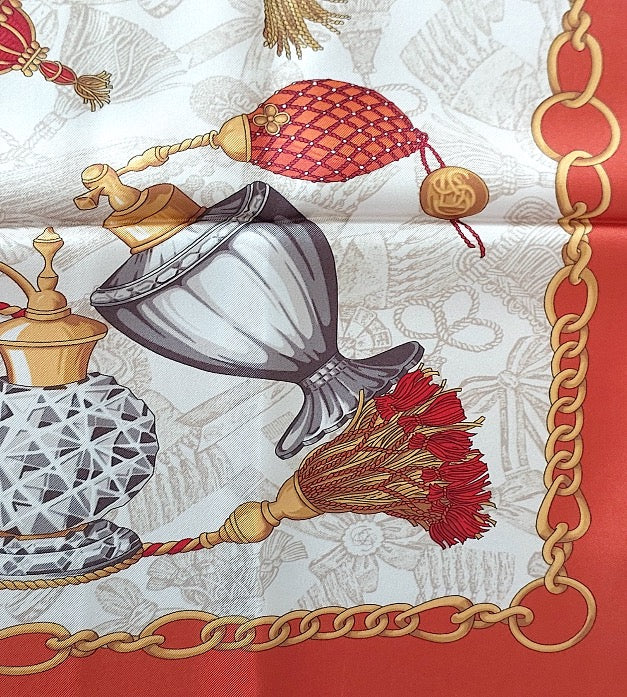 Woman Scarf 100% Silk 90 x 90 “The Perfume Bottles” Design Red Yellow Bronze Colors Hand rolled Stitch Great Valentine's Gift for Her