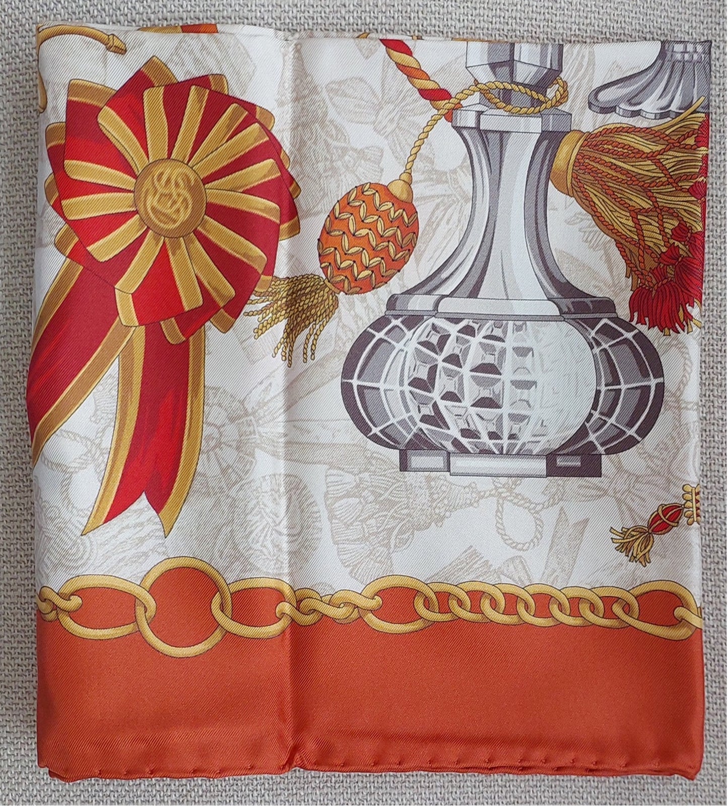 Woman Scarf 100% Silk 90 x 90 “The Perfume Bottles” Design Red Yellow Bronze Colors Hand rolled Stitch Great Valentine's Gift for Her