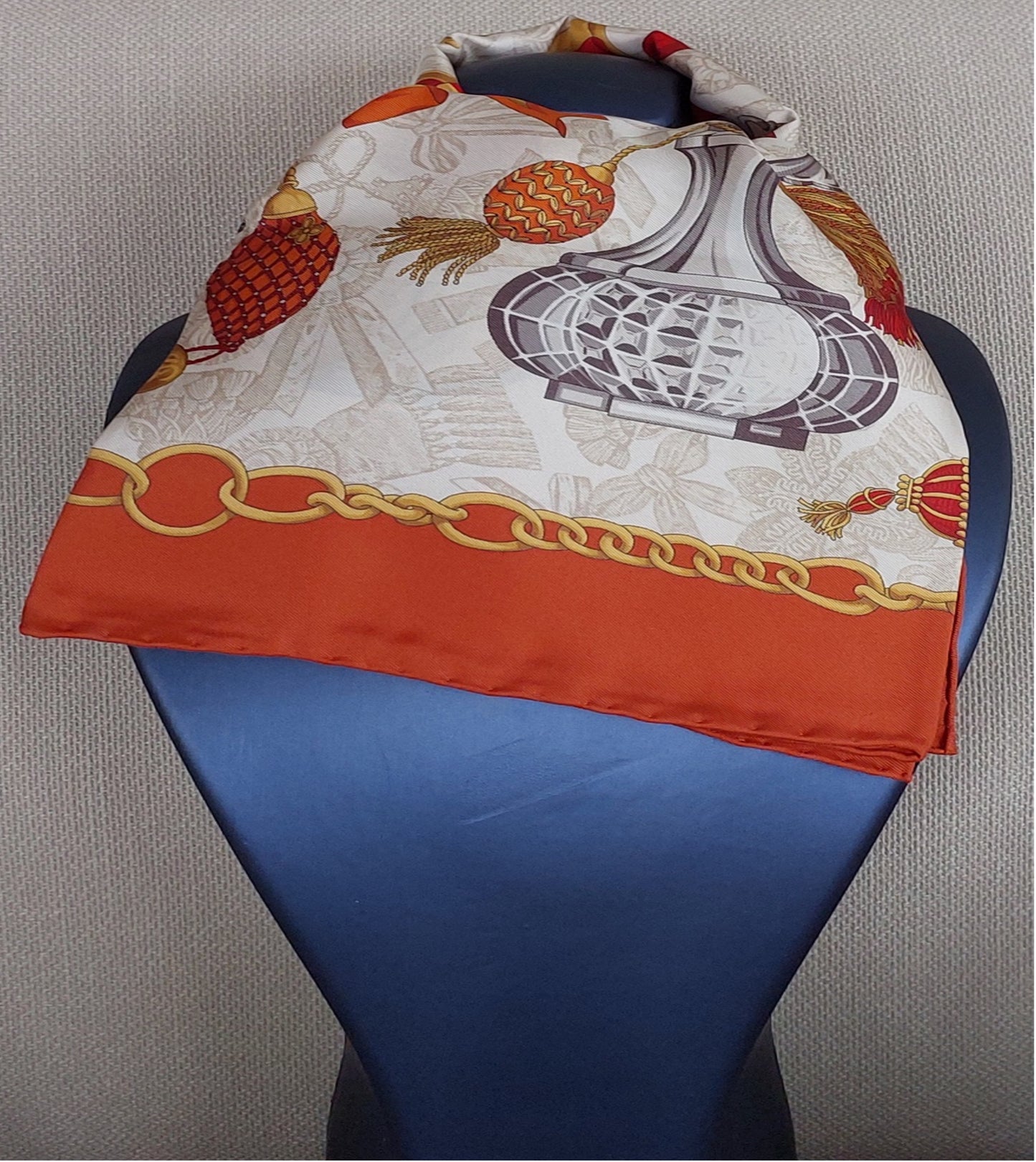 Woman Scarf 100% Silk 90 x 90 “The Perfume Bottles” Design Red Yellow Bronze Colors Hand rolled Stitch Great Valentine's Gift for Her