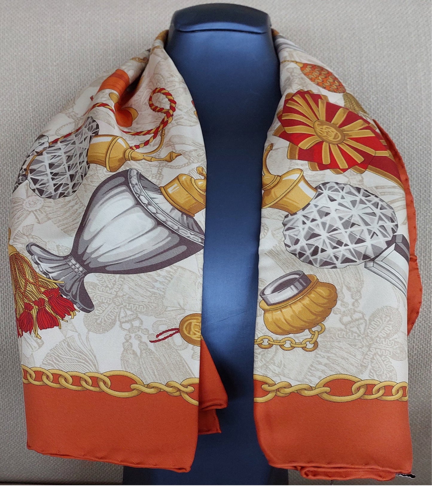 Woman Scarf 100% Silk 90 x 90 “The Perfume Bottles” Design Red Yellow Bronze Colors Hand rolled Stitch Great Valentine's Gift for Her