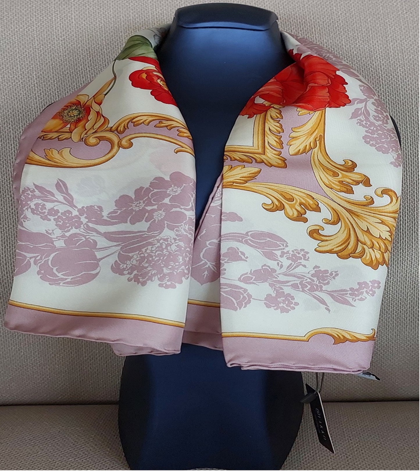 Woman Scarf 100% Silk Twill 90x90 “Flowers Bouquet” Design Pink Colours Hand-rolled Designer style Great Valentine's Gift for Her