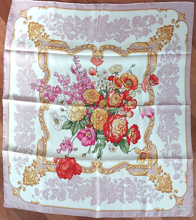 Woman Scarf 100% Silk Twill 90x90 “Flowers Bouquet” Design Pink Colours Hand-rolled Designer style Great Valentine's Gift for Her