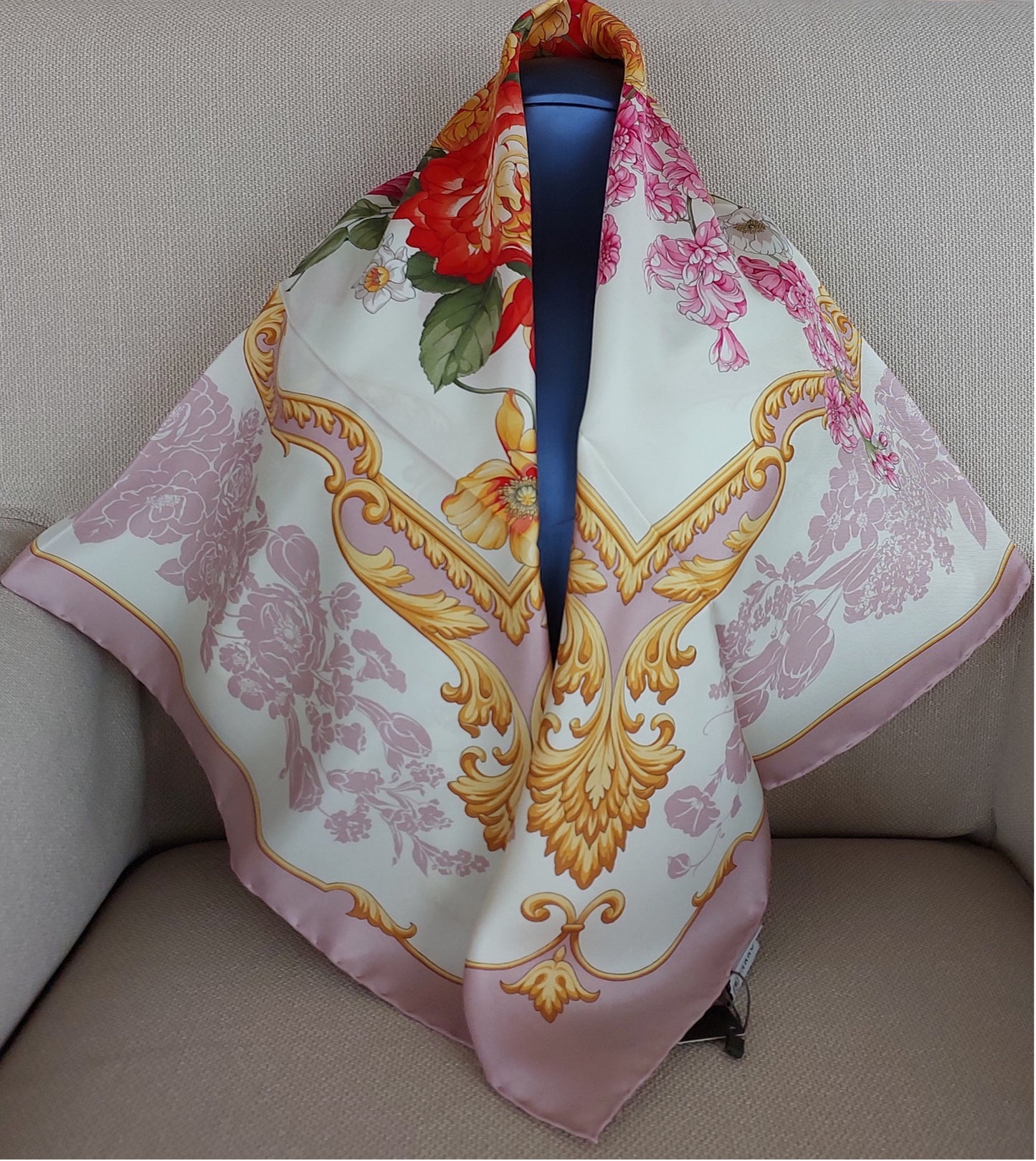 Woman Scarf 100% Silk Twill 90x90 “Flowers Bouquet” Design Pink Colours Hand-rolled Designer style Great Valentine's Gift for Her