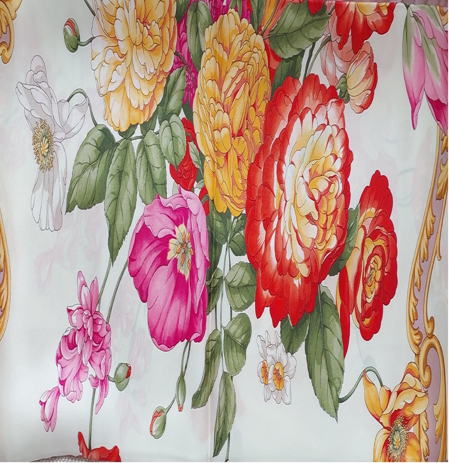 Woman Scarf 100% Silk Twill 90x90 “Flowers Bouquet” Design Pink Colours Hand-rolled Designer style Great Valentine's Gift for Her