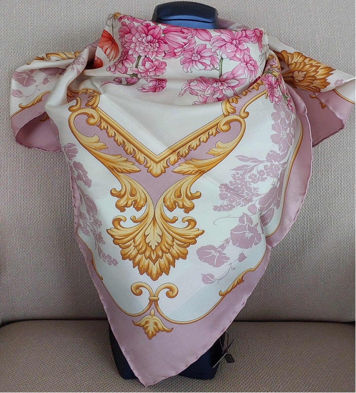 Woman Scarf 100% Silk Twill 90x90 “Flowers Bouquet” Design Pink Colours Hand-rolled Designer style Great Valentine's Gift for Her