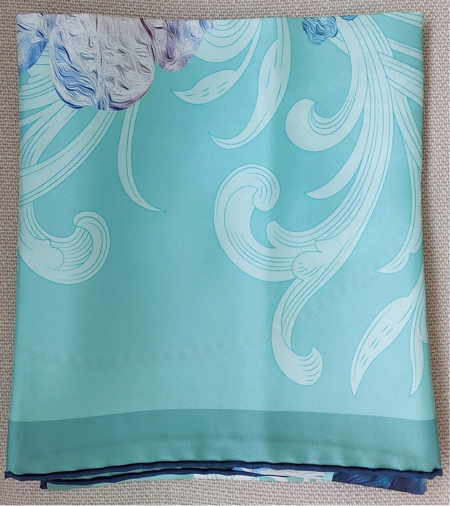Woman Scarf 100% Silk Twill 90x90 “Flowers and Pearls” Design Aqua Purple Colors Hand-rolled Designer style Great Gift for Her box