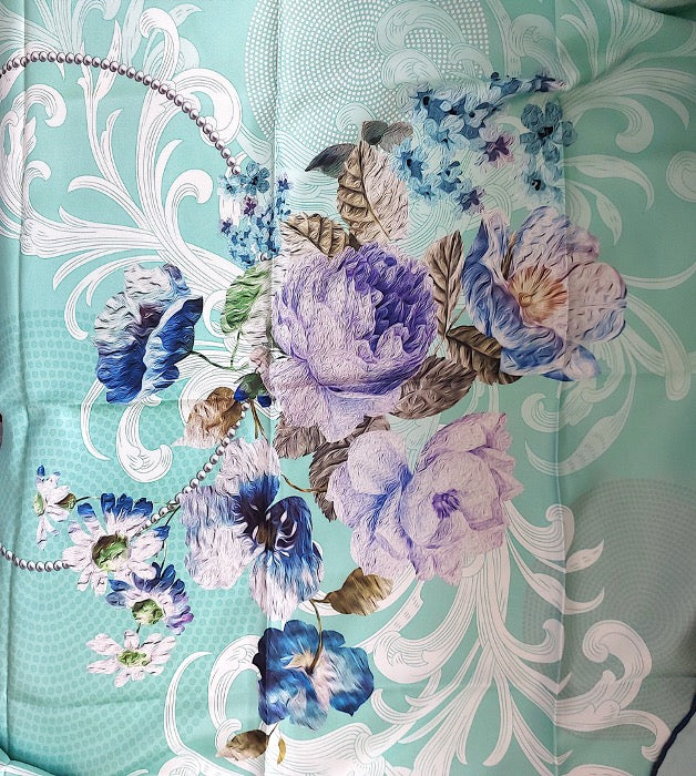 Woman Scarf 100% Silk Twill 90x90 “Flowers and Pearls” Design Aqua Purple Colors Hand-rolled Designer style Great Gift for Her box