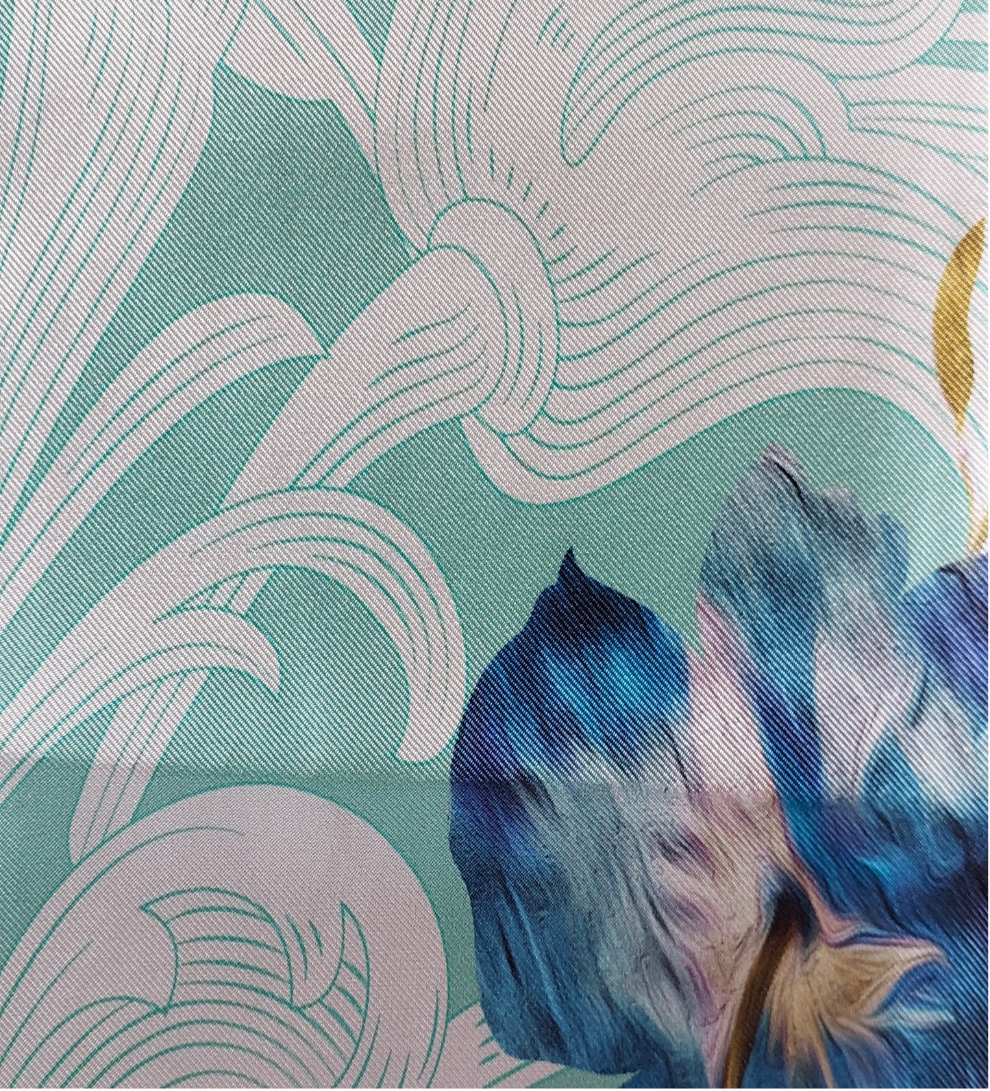 Woman Scarf 100% Silk Twill 90x90 “Flowers and Pearls” Design Aqua Purple Colors Hand-rolled Designer style Great Gift for Her box