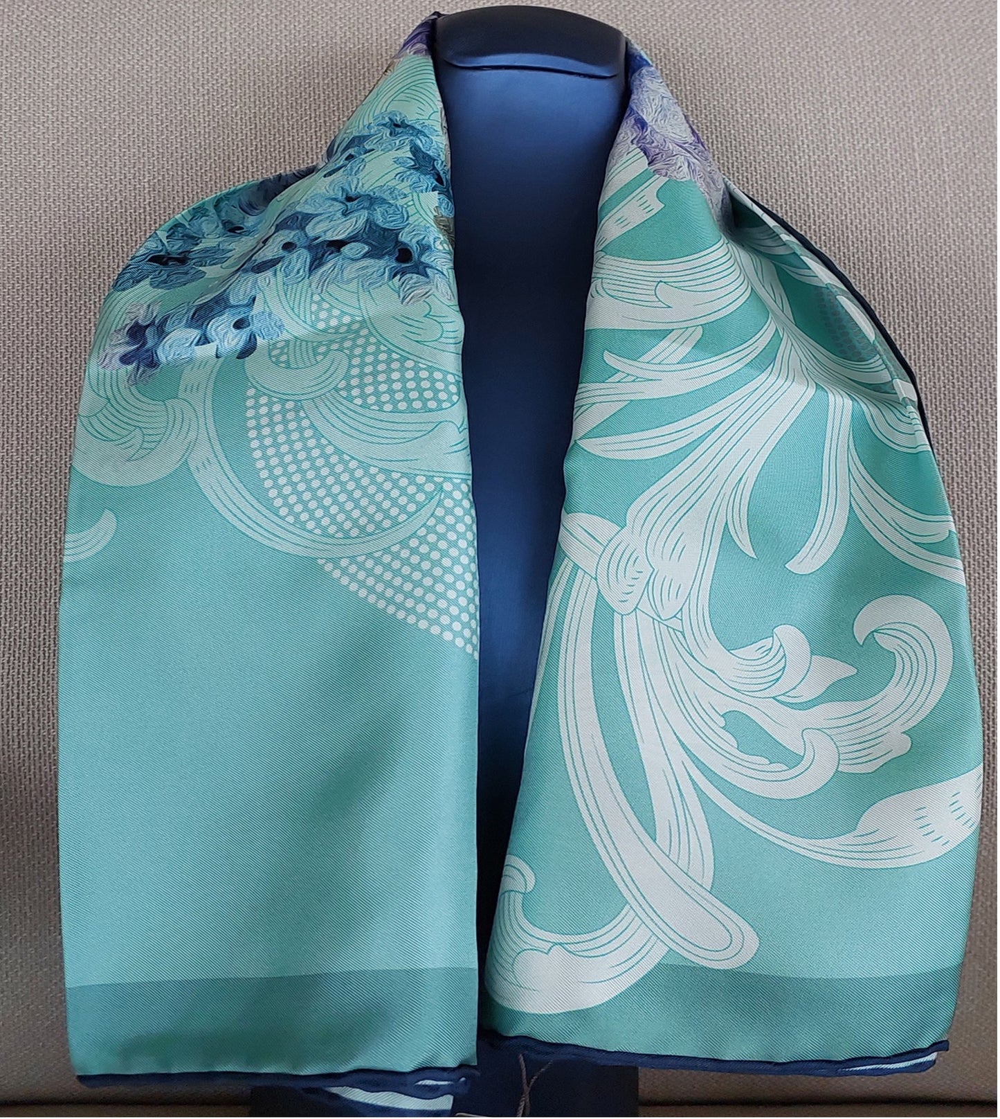 Woman Scarf 100% Silk Twill 90x90 “Flowers and Pearls” Design Aqua Purple Colors Hand-rolled Designer style Great Gift for Her box