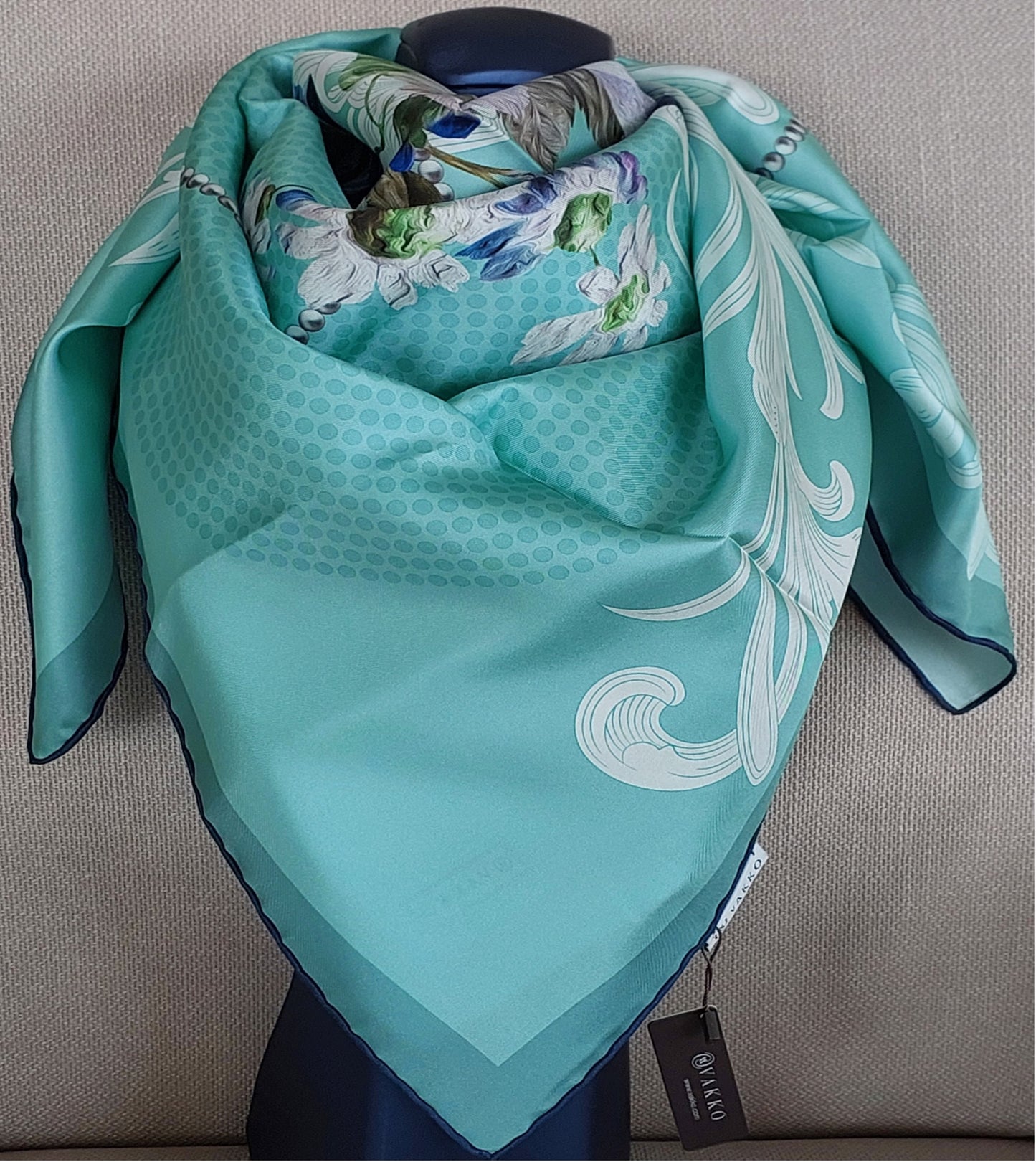 Woman Scarf 100% Silk Twill 90x90 “Flowers and Pearls” Design Aqua Purple Colors Hand-rolled Designer style Great Gift for Her box