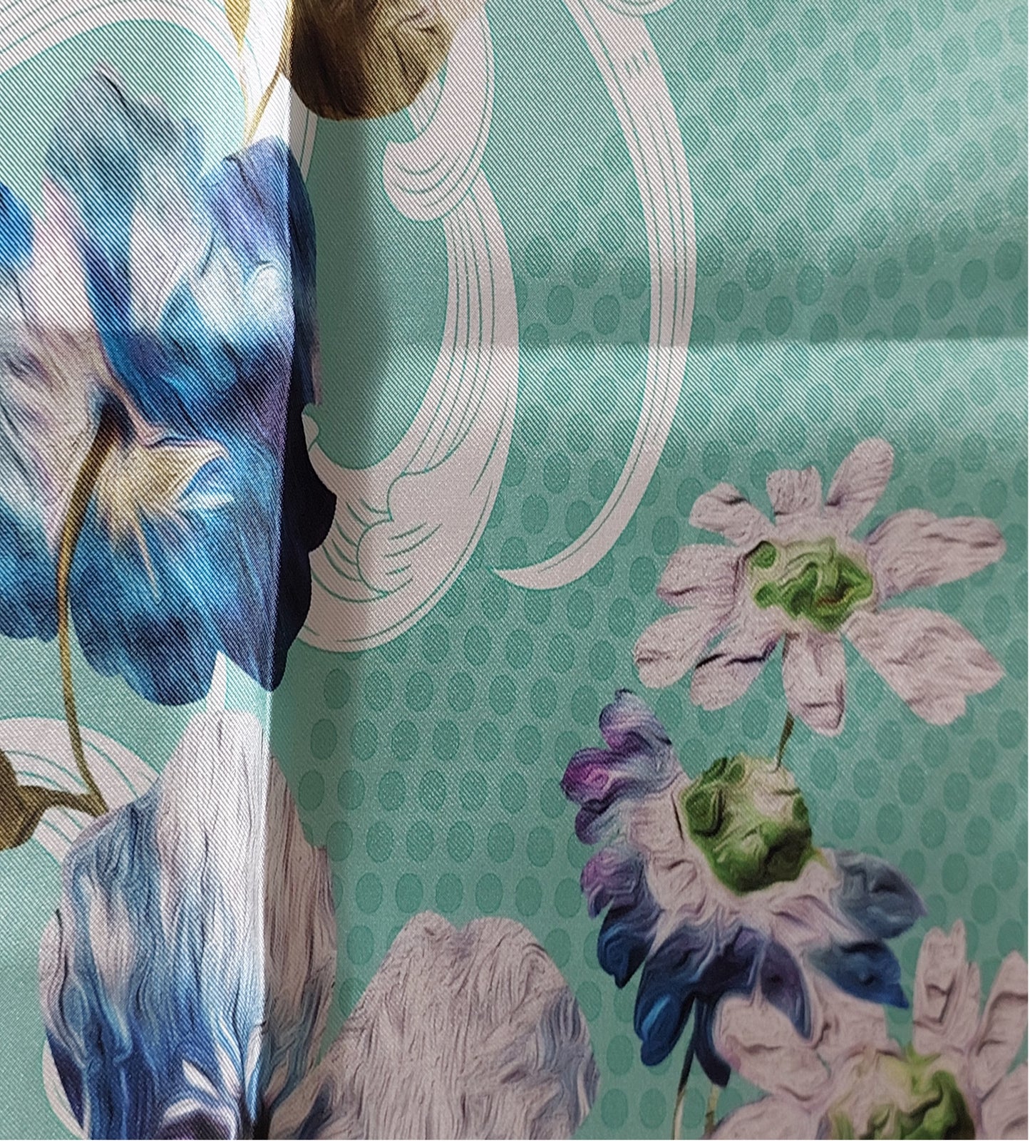 Woman Scarf 100% Silk Twill 90x90 “Flowers and Pearls” Design Aqua Purple Colors Hand-rolled Designer style Great Gift for Her box