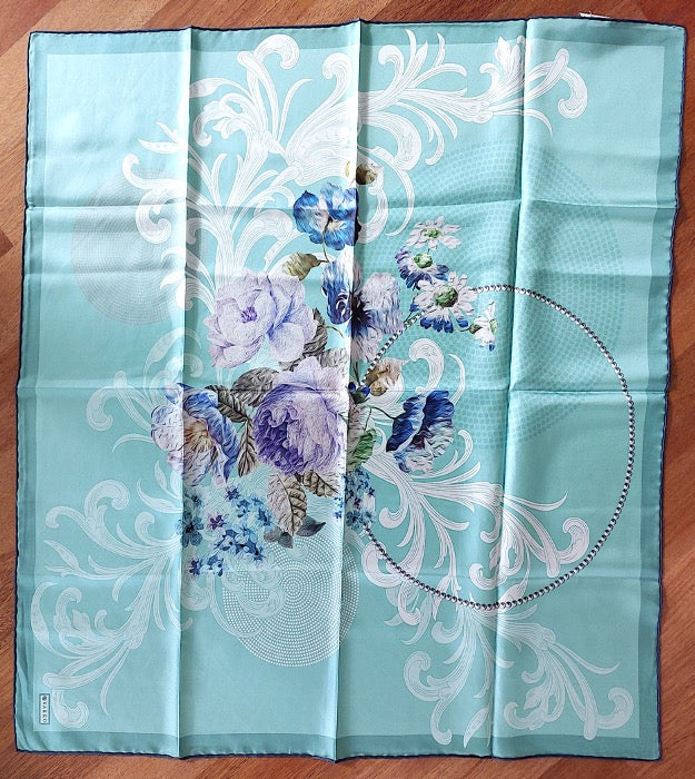Woman Scarf 100% Silk Twill 90x90 “Flowers and Pearls” Design Aqua Purple Colors Hand-rolled Designer style Great Gift for Her box