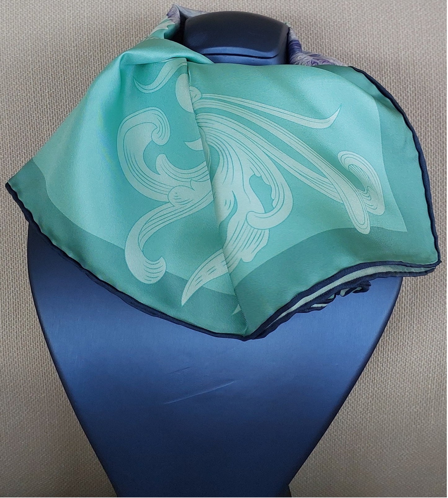 Woman Scarf 100% Silk Twill 90x90 “Flowers and Pearls” Design Aqua Purple Colors Hand-rolled Designer style Great Gift for Her box
