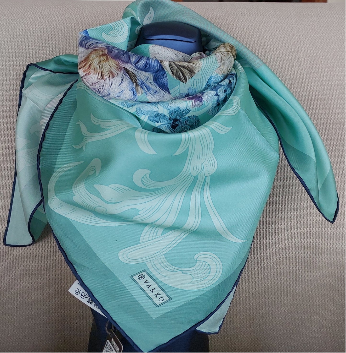 Woman Scarf 100% Silk Twill 90x90 “Flowers and Pearls” Design Aqua Purple Colors Hand-rolled Designer style Great Gift for Her box