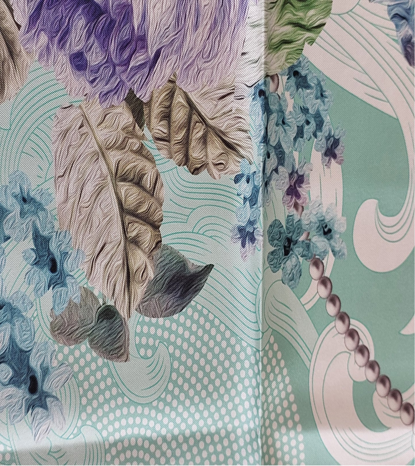 Woman Scarf 100% Silk Twill 90x90 “Flowers and Pearls” Design Aqua Purple Colors Hand-rolled Designer style Great Gift for Her box