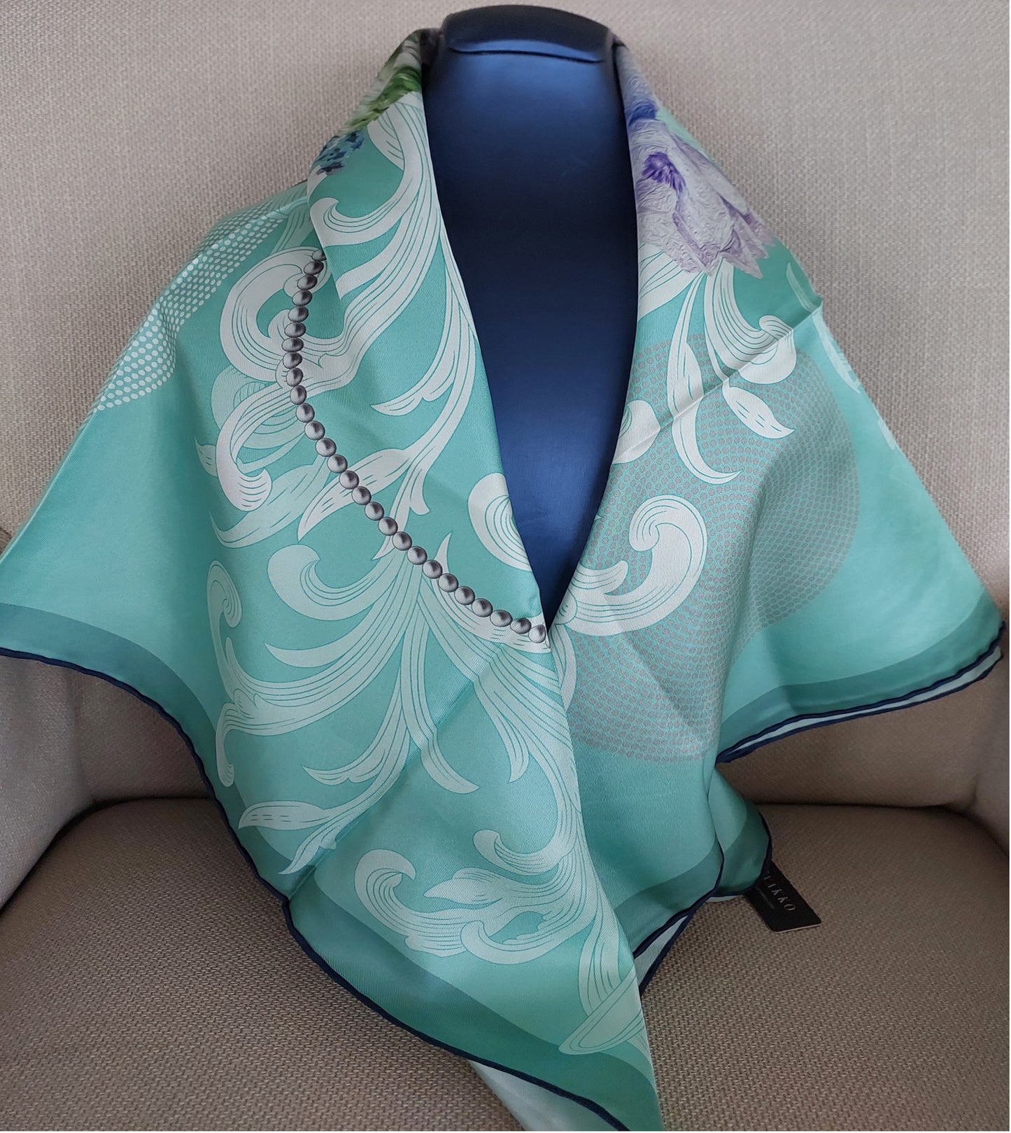Woman Scarf 100% Silk Twill 90x90 “Flowers and Pearls” Design Aqua Purple Colors Hand-rolled Designer style Great Gift for Her box