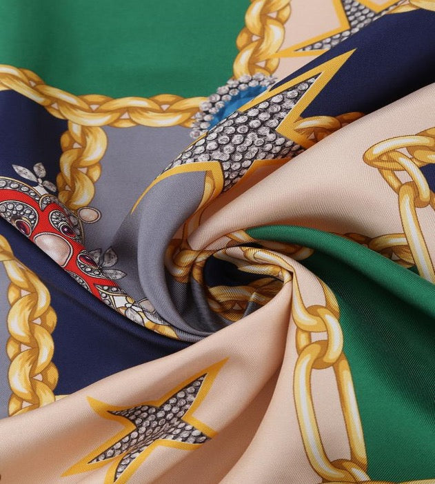 Woman Scarf 100% Silk Twill 90x90 “Stars Diamonds Chains” Design Blue Green Colors Hand-rolled Great Gift for Her