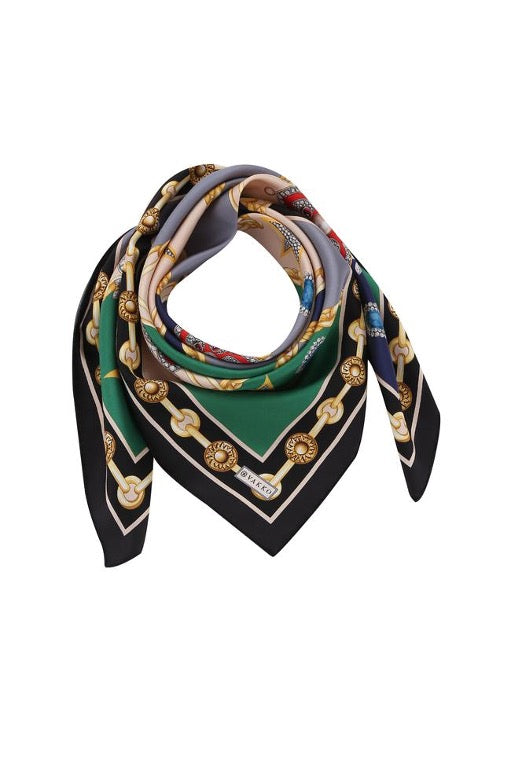 Woman Scarf 100% Silk Twill 90x90 “Stars Diamonds Chains” Design Blue Green Colors Hand-rolled Great Gift for Her