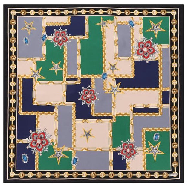 Woman Scarf 100% Silk Twill 90x90 “Stars Diamonds Chains” Design Blue Green Colors Hand-rolled Great Gift for Her