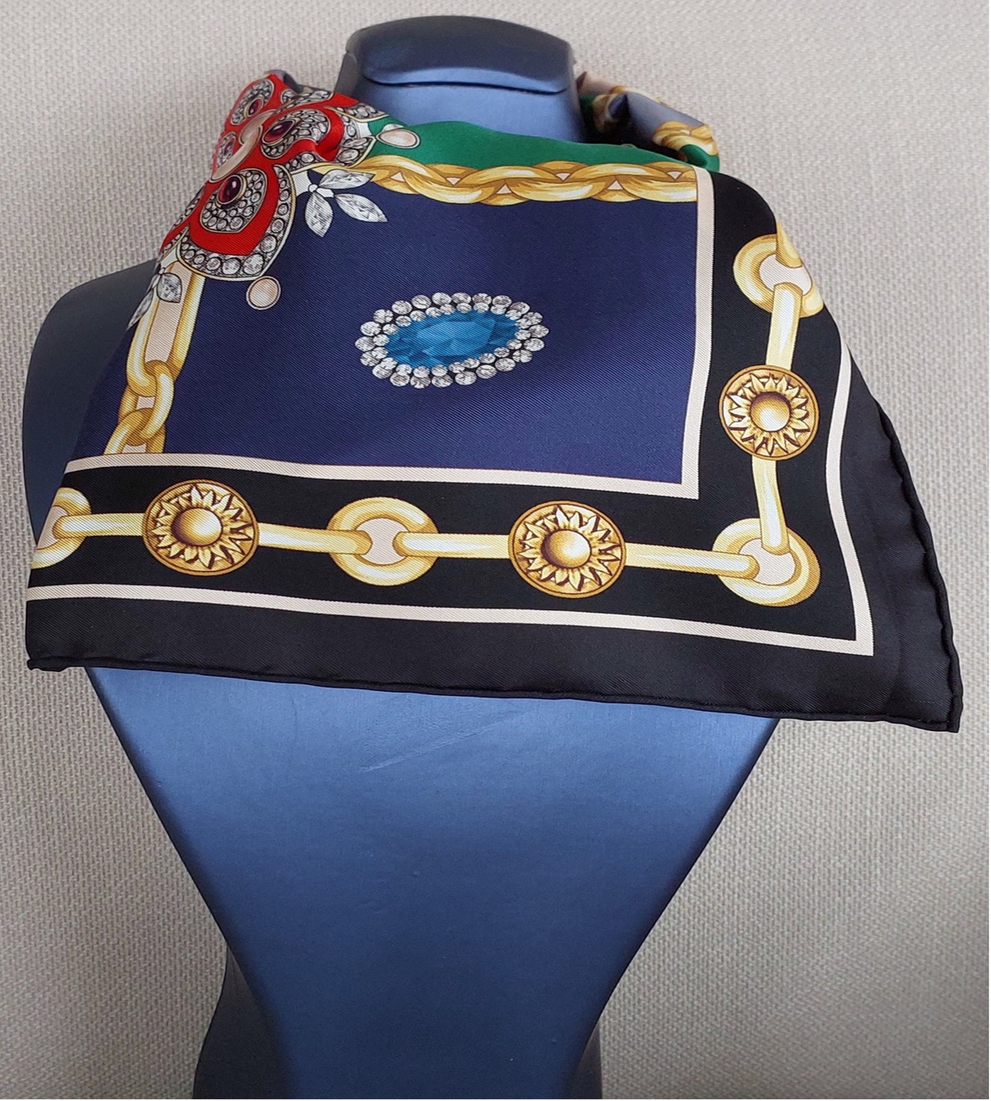 Woman Scarf 100% Silk Twill 90x90 “Stars Diamonds Chains” Design Blue Green Colors Hand-rolled Great Gift for Her