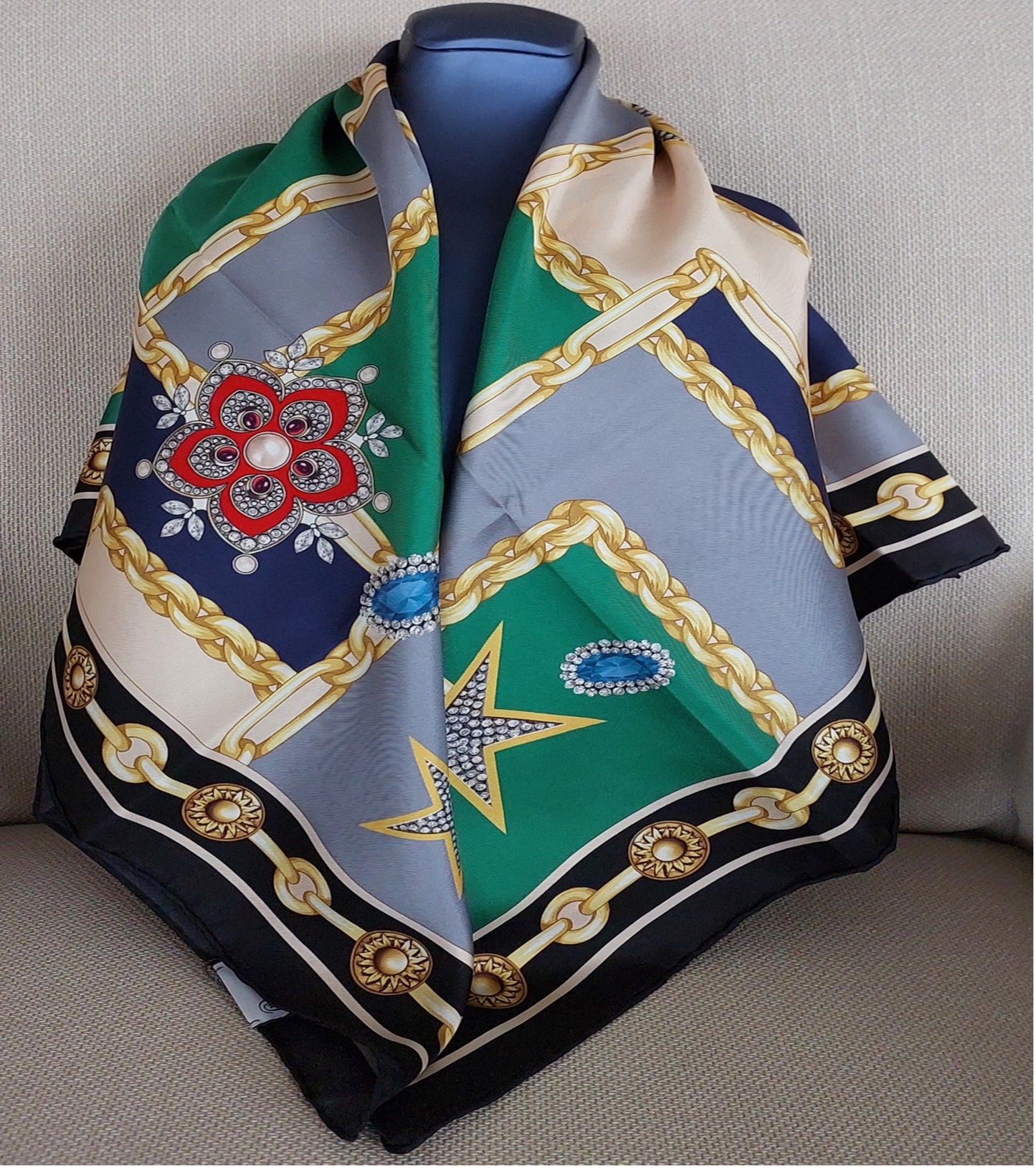Woman Scarf 100% Silk Twill 90x90 “Stars Diamonds Chains” Design Blue Green Colors Hand-rolled Great Gift for Her