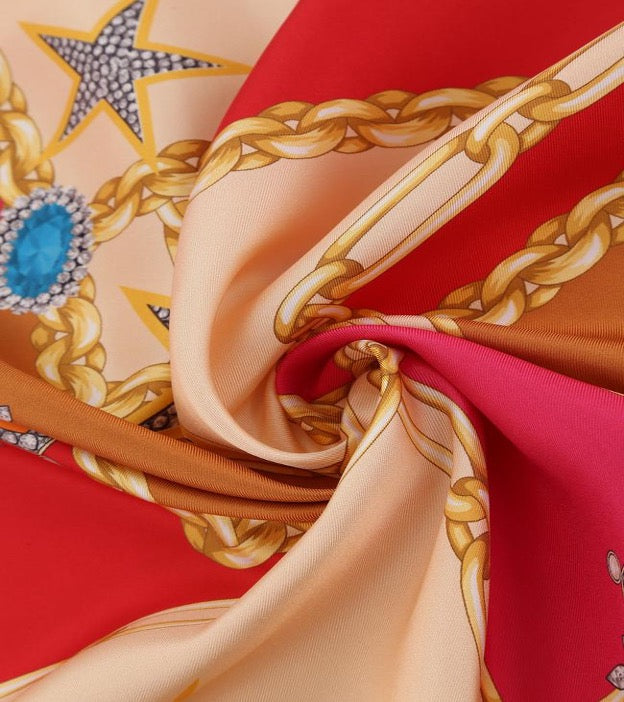 Woman Scarf 100% Silk Twill 90x90 “Stars Diamonds Chains” Design Red Cream Fuschia Colors Hand-rolled Hermès style Great Gift for Her