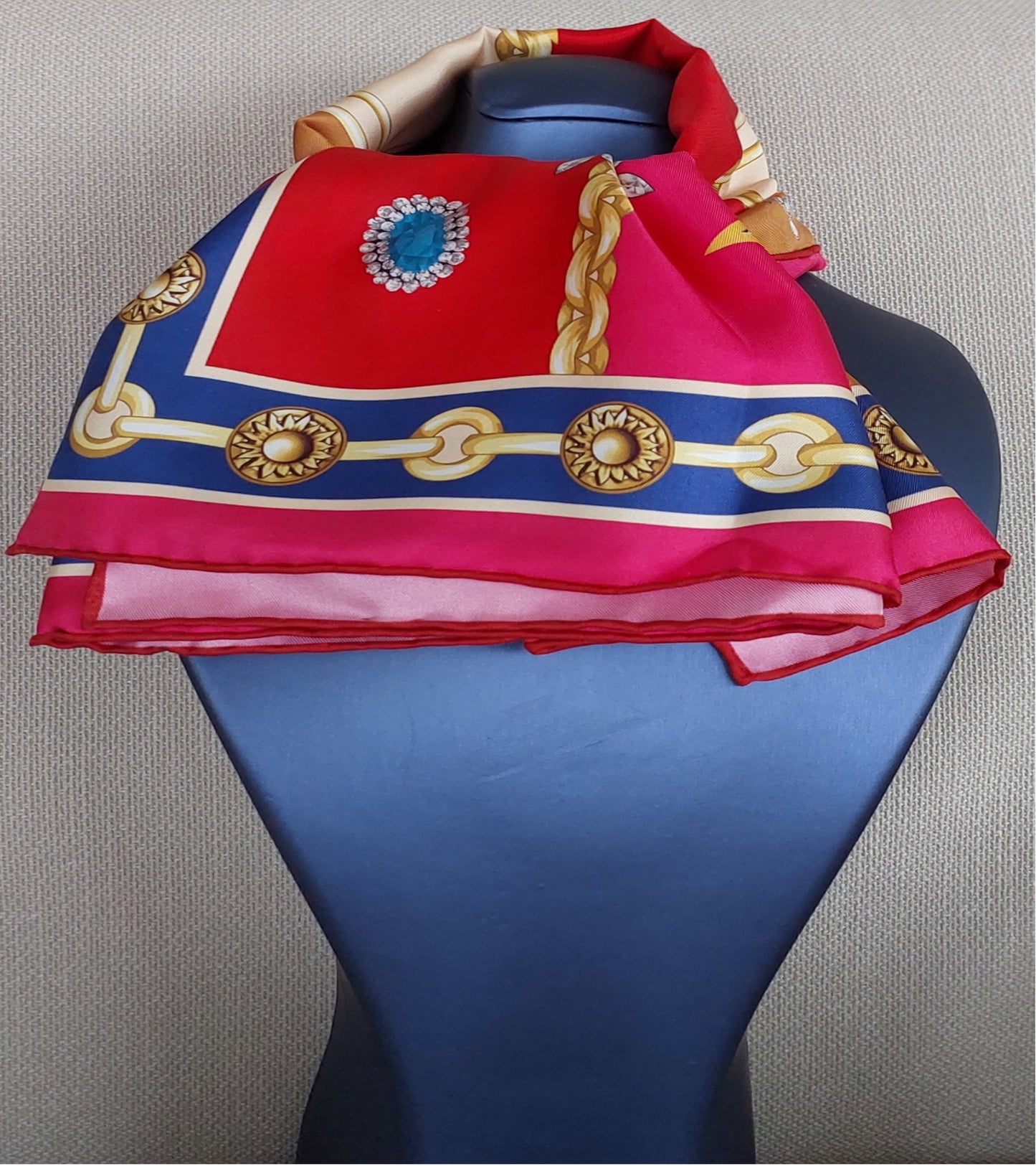 Woman Scarf 100% Silk Twill 90x90 “Stars Diamonds Chains” Design Red Cream Fuschia Colors Hand-rolled Hermès style Great Gift for Her