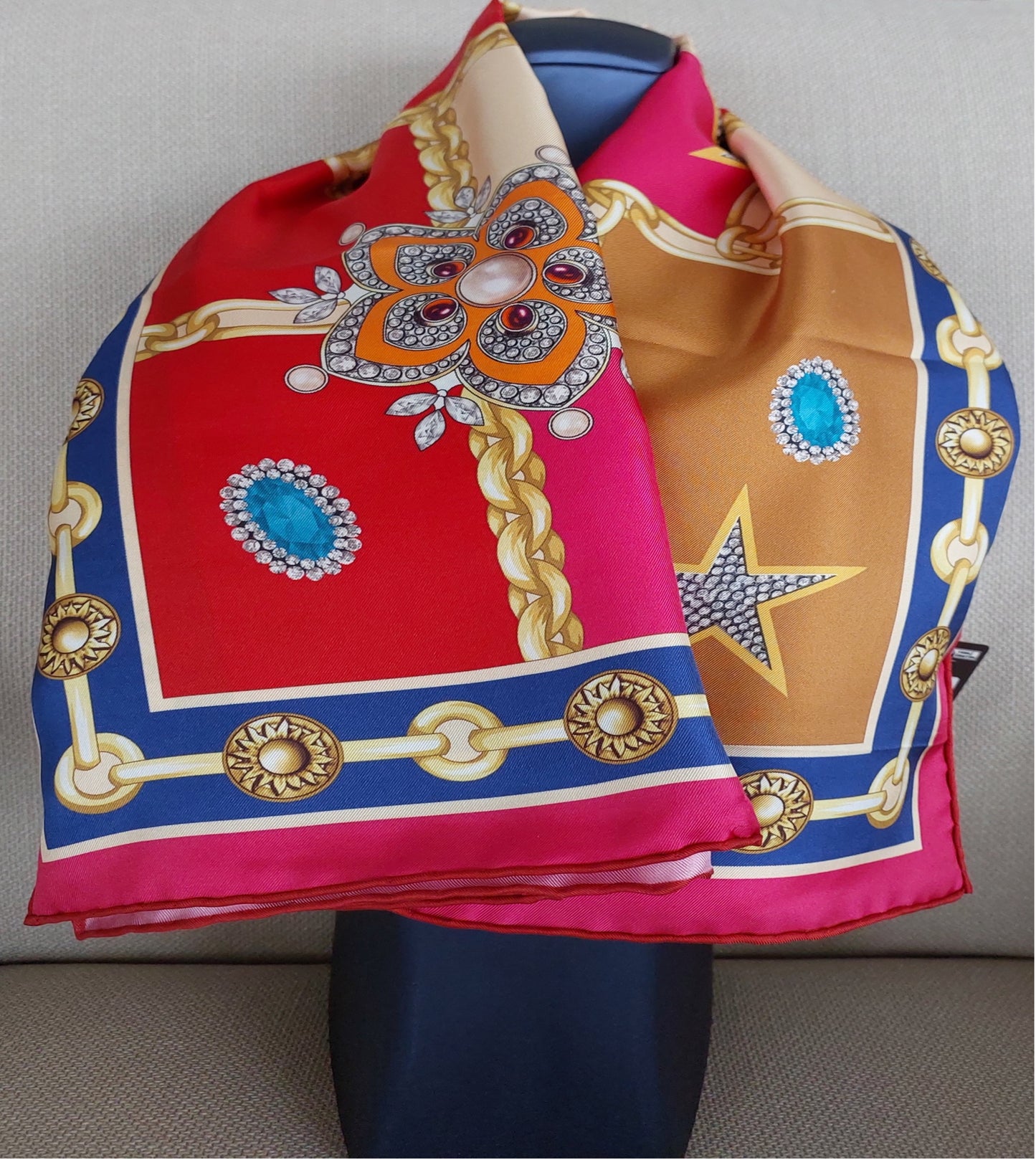 Woman Scarf 100% Silk Twill 90x90 “Stars Diamonds Chains” Design Red Cream Fuschia Colors Hand-rolled Hermès style Great Gift for Her