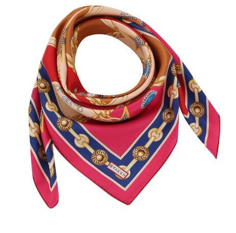 Woman Scarf 100% Silk Twill 90x90 “Stars Diamonds Chains” Design Red Cream Fuschia Colors Hand-rolled Hermès style Great Gift for Her