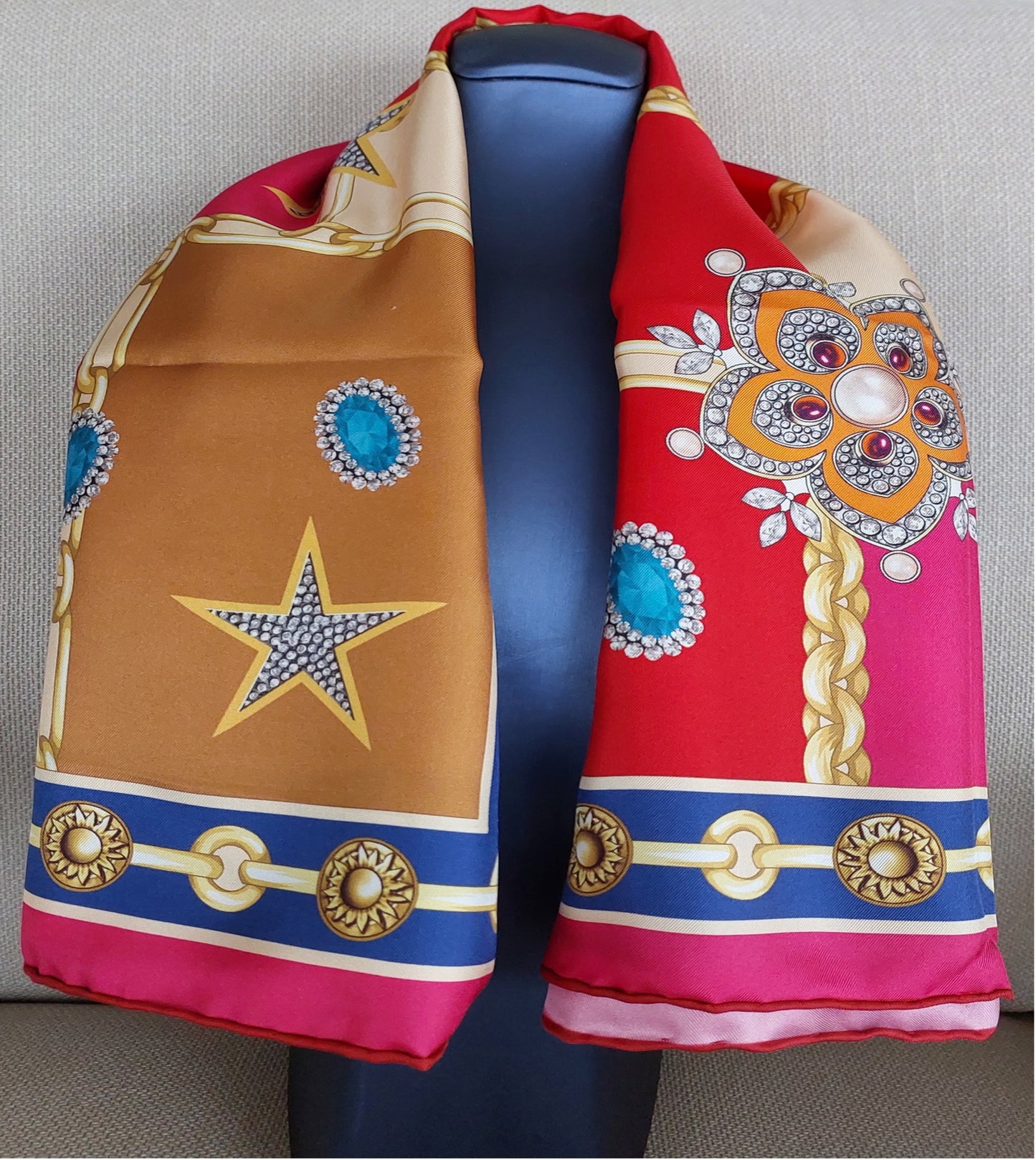 Woman Scarf 100% Silk Twill 90x90 “Stars Diamonds Chains” Design Red Cream Fuschia Colors Hand-rolled Hermès style Great Gift for Her