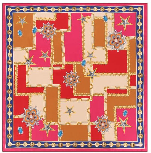 Woman Scarf 100% Silk Twill 90x90 “Stars Diamonds Chains” Design Red Cream Fuschia Colors Hand-rolled Hermès style Great Gift for Her
