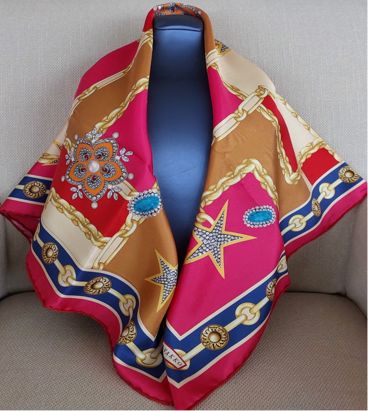 Woman Scarf 100% Silk Twill 90x90 “Stars Diamonds Chains” Design Red Cream Fuschia Colors Hand-rolled Hermès style Great Gift for Her