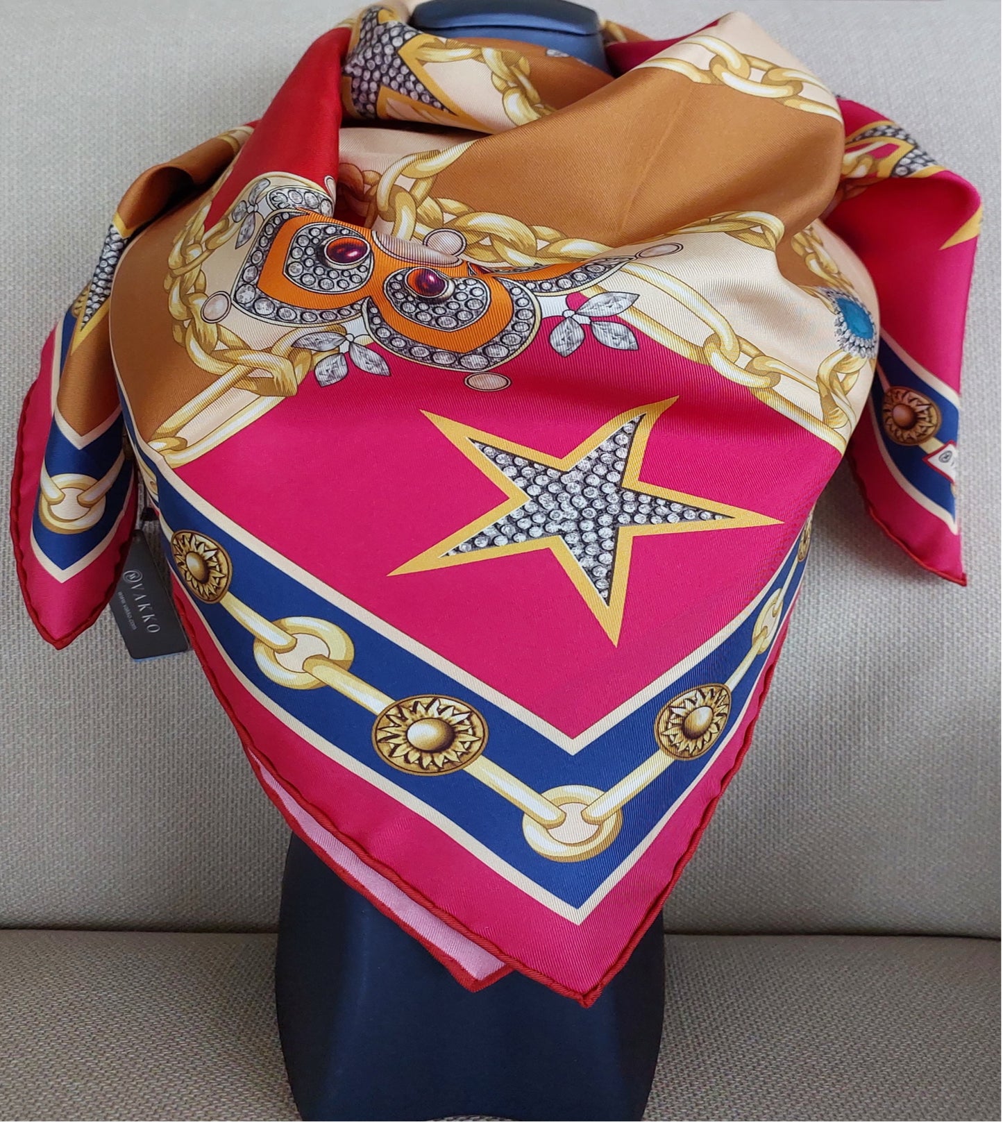 Woman Scarf 100% Silk Twill 90x90 “Stars Diamonds Chains” Design Red Cream Fuschia Colors Hand-rolled Hermès style Great Gift for Her